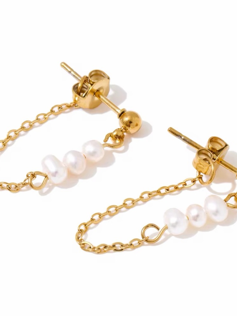 Gold and Pearl Drop Chain Earrings